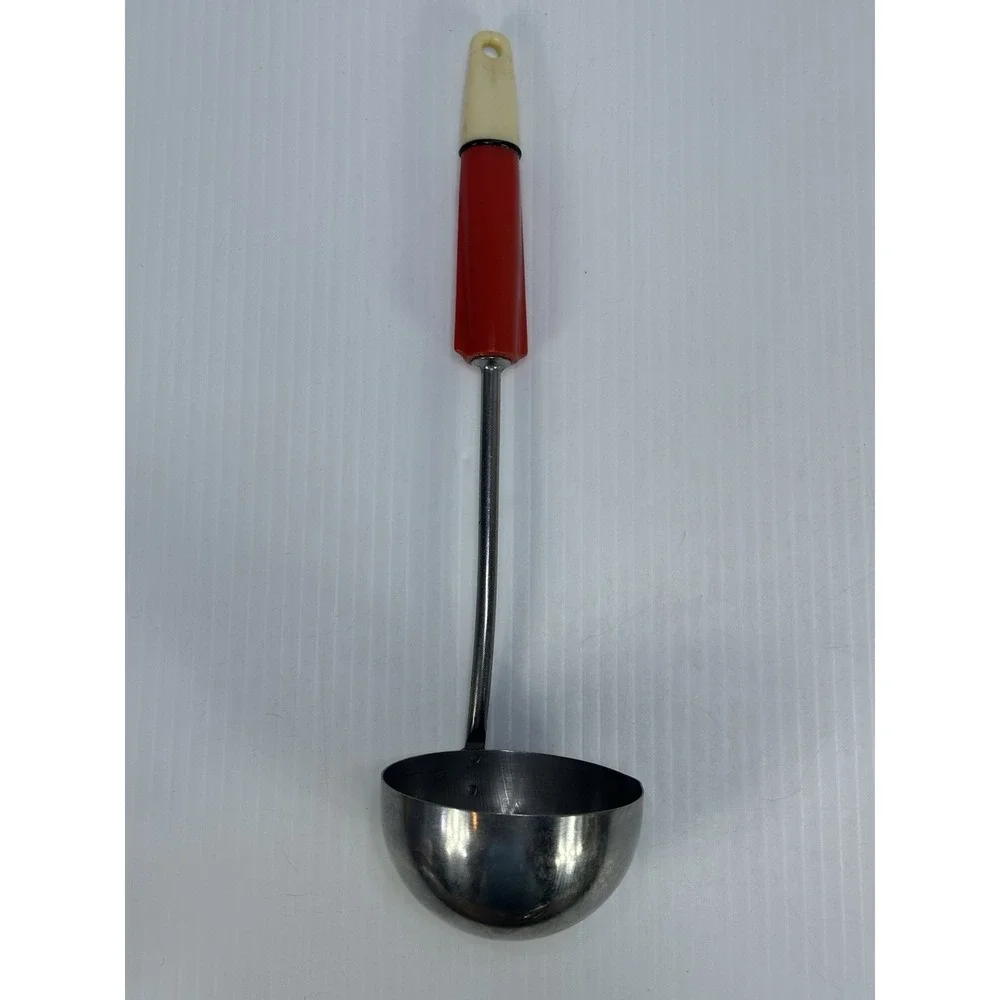 VINTAGE SOUP LADLE STAINLESS STEEL THROUGHOUT EKCOLINE RED WHITE HANDLE